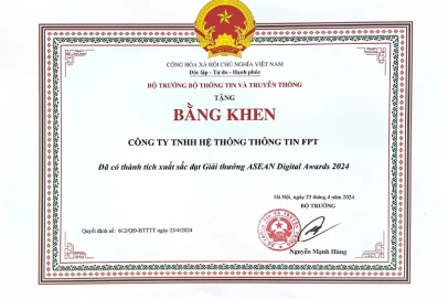 FPT IS receives Certificate of Merit from the Vietnamese Minister of Information and Communications for its achievements at the ASEAN Digital Awards 2024