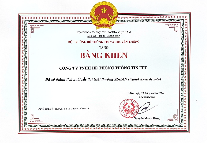 Certificate of Merit from the Vietnam’s Minister of Information and Communications for achievements in ASEAN Digital Awards (ADA) 2024