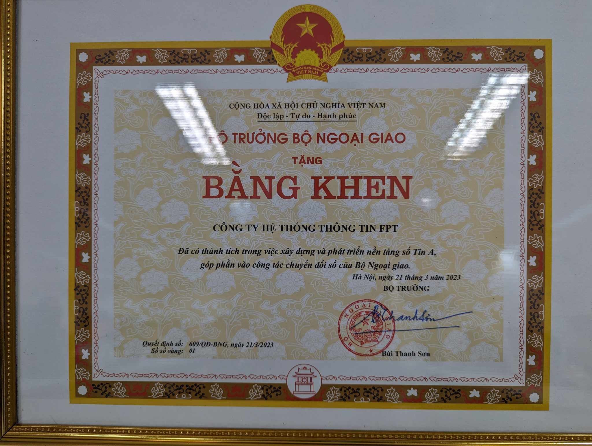 Certificate of Merit from Vietnam’s Minister of Foreign Affairs for the development of Newsletter A Digital Platform (a milestone in the digital transformation of Vietnam Ministry of Foreign Affairs)