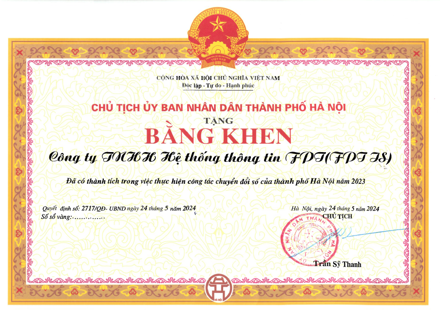 Certificate of Merit from the Chairman of Hanoi People’s Committee for outstanding contributions to the City’s digital transformation in 2023