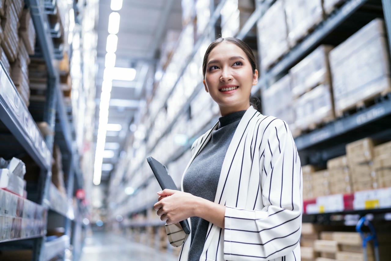 Portrait Asian Woman Business Owner Using Digital Tablet Checking Amount Stock Product Inventory Shelf Distribution Warehouse Factorylogistic Business Shipping Delivery Service