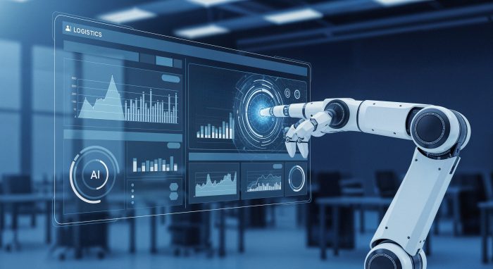 Robotic Arm Interacting With Logistics Data Interface 1782376173