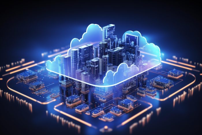 Cloud Computing Concept Image Double Exposure Digitally Enhanced Smart City Concept With Cloud Computing