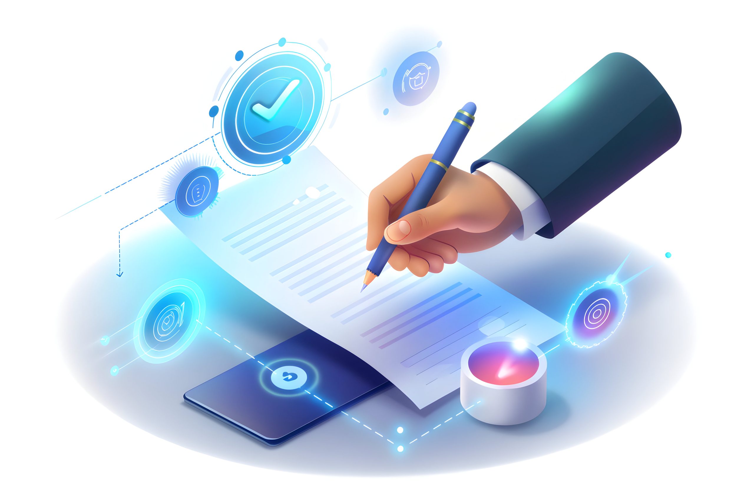 Hand Signing Contract With Holographic Document Pen Icons White Background Contract Signing 1729069544